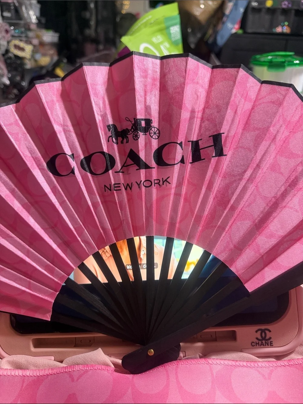 Pink & black journal w/ matching pen, keychain, desk mat and fan.